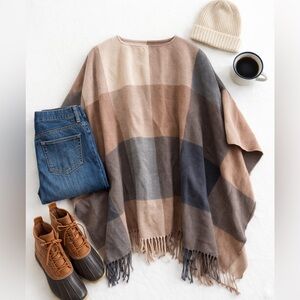 A New Day Tan and Cream Striped Poncho with Fringe OSFM